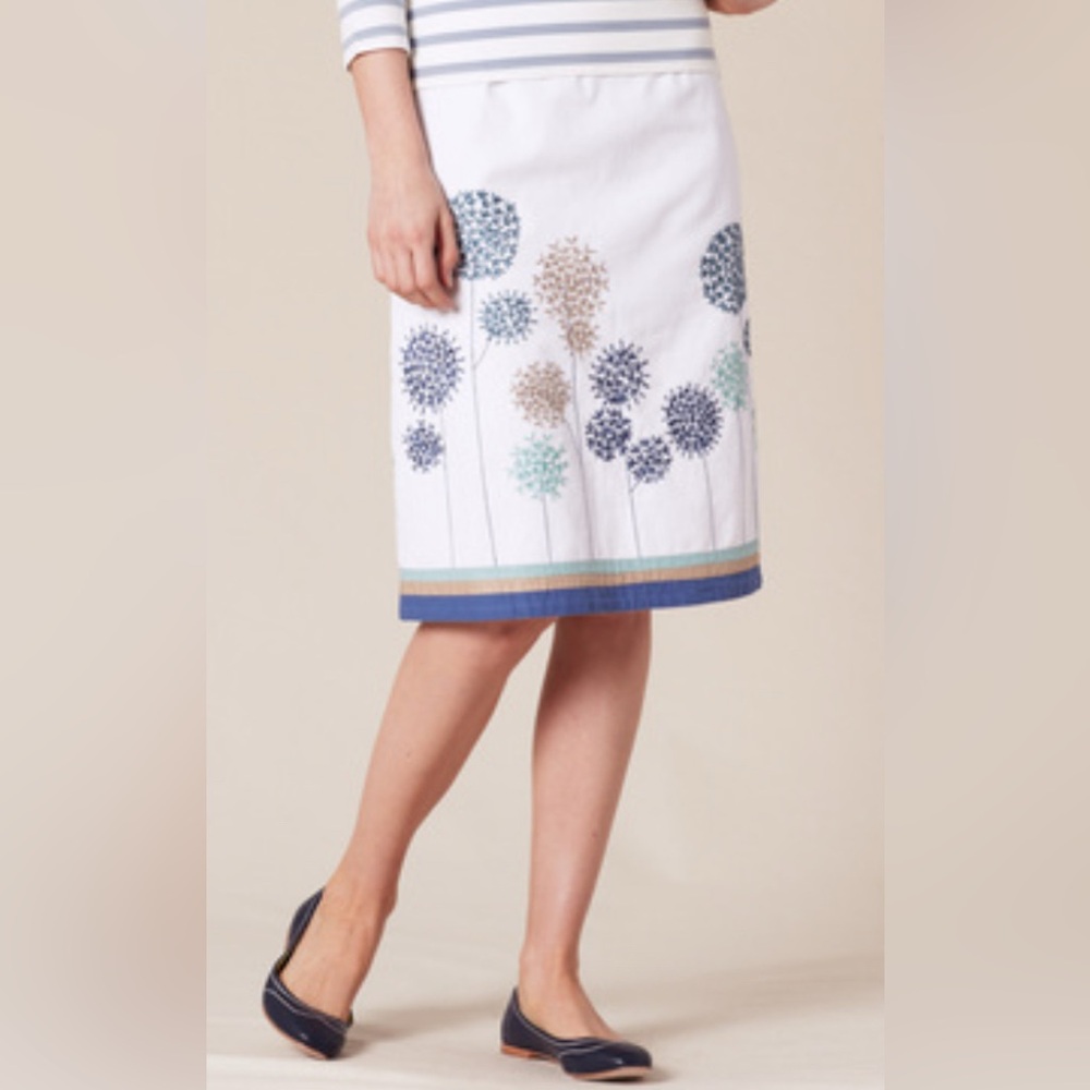 Boden Cream Blue Floral Embroidered Lined A-Line Skirt NWOT